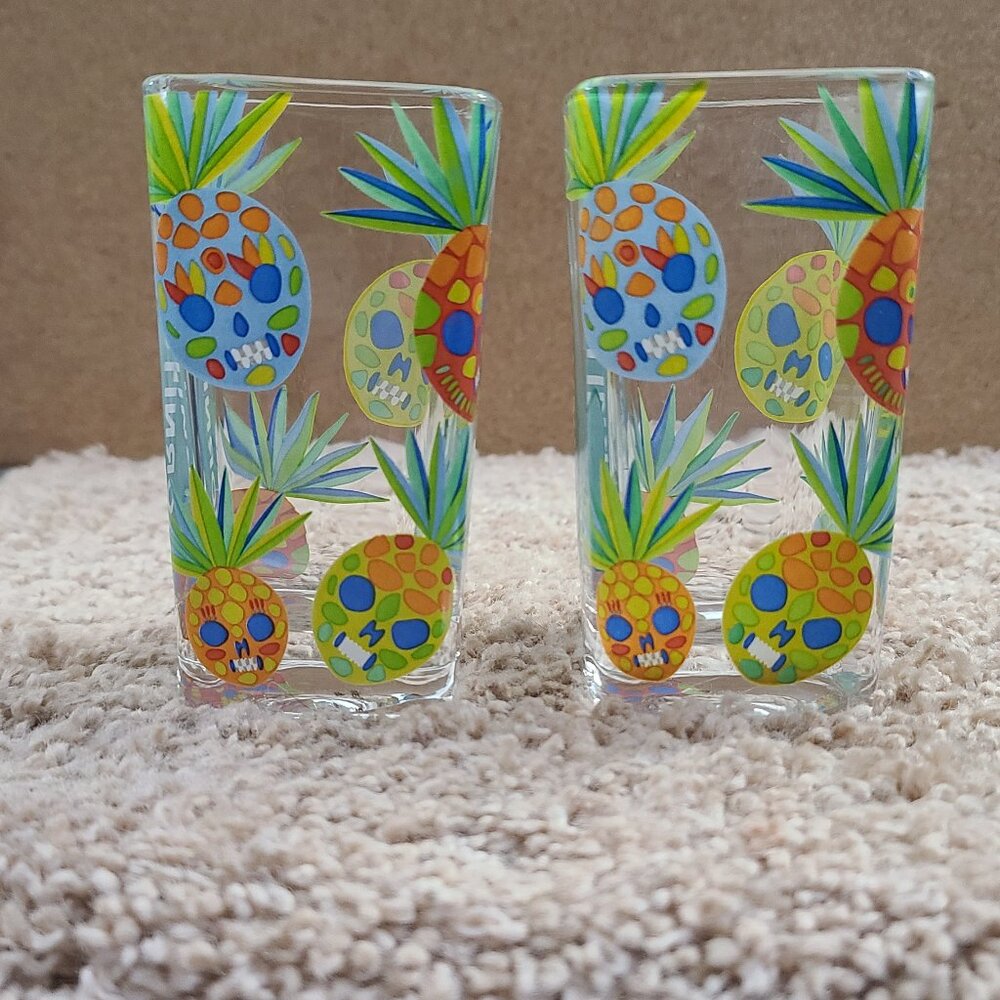 2 Hornitos Square Colorful Tropical Pineapple Skulls Tequila Shot Glass Souvenir - Picture 5 of 6